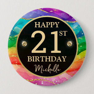 Verjaardagsbadge met regenboog agaat en gouden gli ronde button 4,0 cm