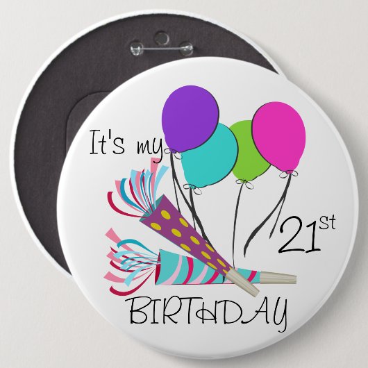 Verjaardagsballonnen en feesthoorns ronde button 6,0 cm (Voorkant /achterkant)