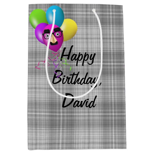 Verjaardagsballonnen op grijs plaid medium cadeauzakje (Voorkant)