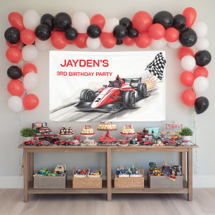 Verjaardagsbanner voor jongens met rode raceauto spandoek