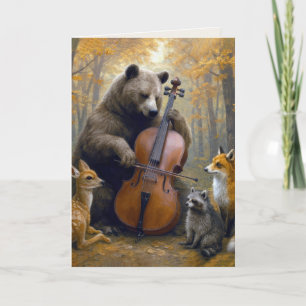 Verjaardagsbeer die cello speelt in herfstbossen kaart