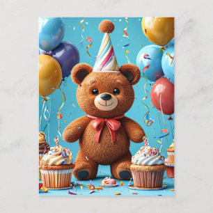 Verjaardagsbeer met cake en ballonnen briefkaart