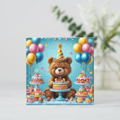 Verjaardagsbeer met cake en ballonnen kaart (Staand voorkant)