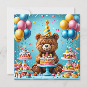 Verjaardagsbeer met cake en ballonnen kaart