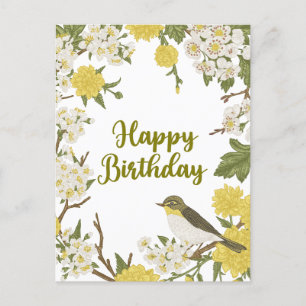 Verjaardagsbloemen en vogel Natuur Botanisch Briefkaart