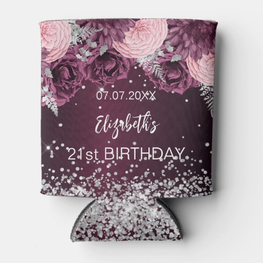 Verjaardagsbloemen in bordeauxrood, zilver en roze blikjeskoeler (Voorkant)