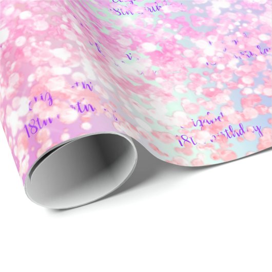 Verjaardagsblozen roze glitters paarse holografisc cadeaupapier (Rol Hoek)