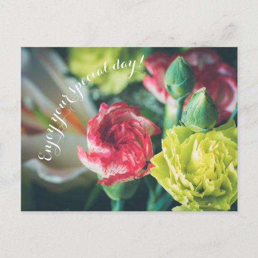 Verjaardagsboeket: roze en gele anjers briefkaart (Voorkant)