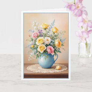 Verjaardagsboeket van rozen en wilde bloemen voor kaart