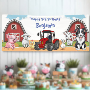 Verjaardagsboerderij Dierenstal en Rode Tractor Fe Spandoek