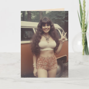 VERJAARDAGSCARD 1970'S RONDE HIPPIEMEISJE KAART