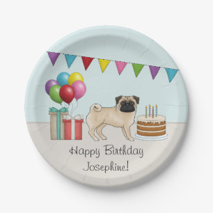 Verjaardagsfawn-pug, cute cartoonhond Kleurrijk Papieren Bordje