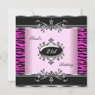 Verjaardagsfeest 21ste Zebra Zwart Wit Roze Zilver Kaart