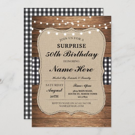 Verjaardagsfeest 50e Check Rustiek Hout Zwart Wit Kaart (Voorkant / Achterkant)