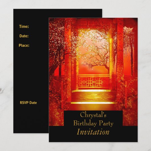 Verjaardagsfeest Aziatische Scene Rood goud Kaart (Voorkant / Achterkant)