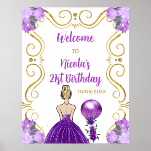 Verjaardagsfeest Blonde Princess Paarse Welkom Poster