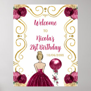 Verjaardagsfeest Blonde Prinses Donkerrood Welkom Poster