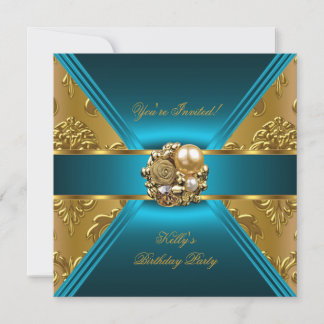 Verjaardagsfeest Damast Teal Blauw Goud Uitnodigin Kaart