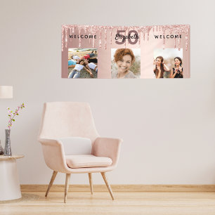 Verjaardagsfeest foto roos gouden roze druppels spandoek