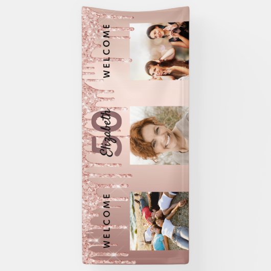 Verjaardagsfeest foto roos gouden roze druppels spandoek (Verticaal)