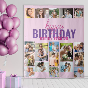 Verjaardagsfeest Fotocollage Roze Aangepaste Achte Wandkleed