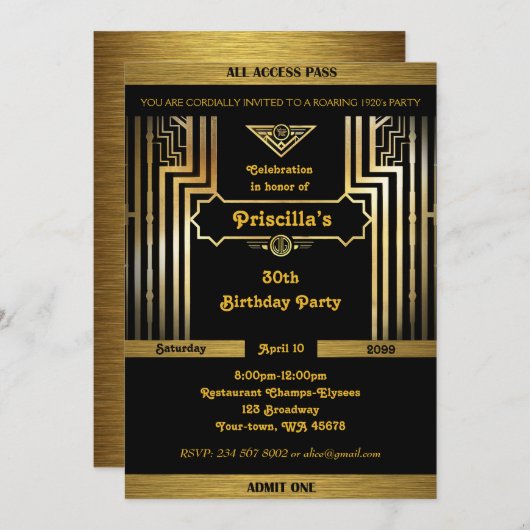Verjaardagsfeest, Gatsby stijl, Art Deco, goud zwa Kaart (Voorkant / Achterkant)