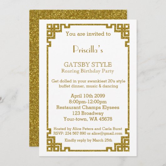 Verjaardagsfeest, Gatsby stijl, wit & goud Kaart (Voorkant / Achterkant)