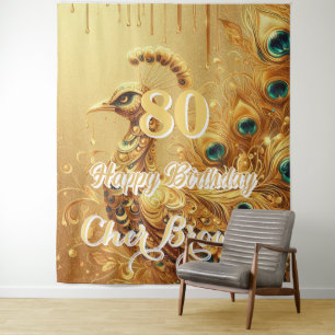 Verjaardagsfeest Goud Druppelend Glitter Pauw Wandkleed