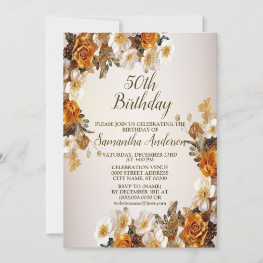 Verjaardagsfeest Gouden Sinaasappel Wit Bloemen Ru Kaart (Voorkant)