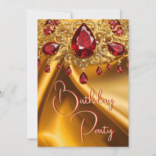 Verjaardagsfeest Gouden Zijde Ruby Rood juweel Kaart (Voorkant)