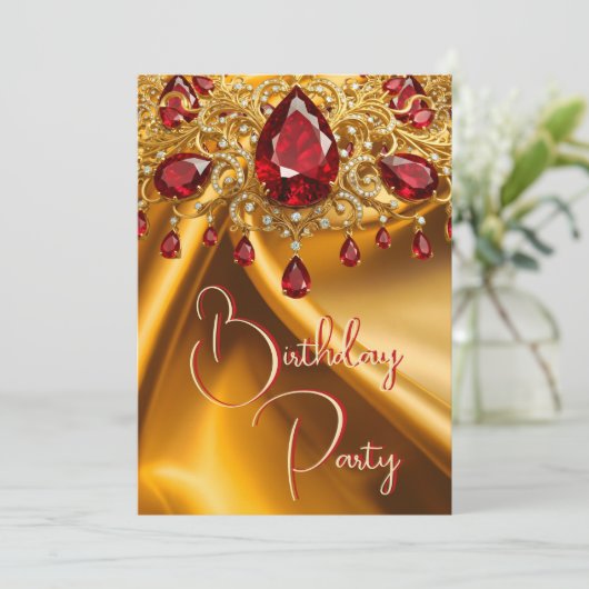 Verjaardagsfeest Gouden Zijde Ruby Rood juweel Kaart (Staand voorkant)