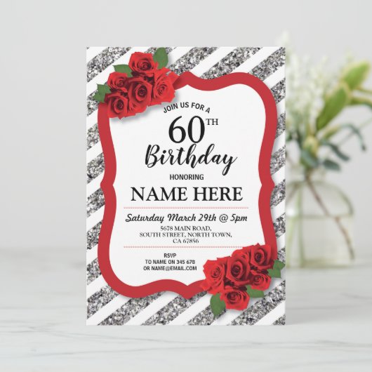 Verjaardagsfeest Grijs Rood Rozen Zilver Glitter 6 Kaart (Staand voorkant)