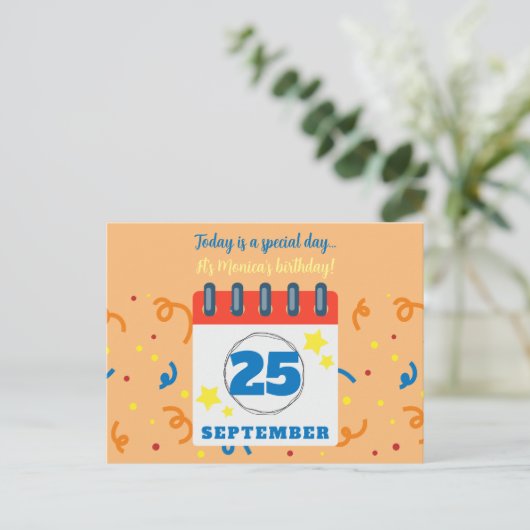 Verjaardagsfeest Kalenderpagina 25 september Briefkaart (Staand voorkant)