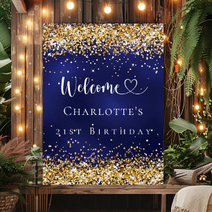 Verjaardagsfeest marine blauw goud welkom poster