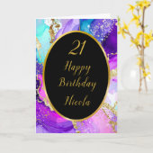 Verjaardagsfeest met blauwe, Paarse en gouden inkt Kaart (Gele Bloem)