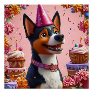 Verjaardagsfeest Met Gelukkige Hond Perfect Poster