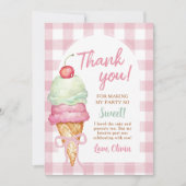 Verjaardagsfeest met ijs roze strik geruit bedankkaart (Voorkant)