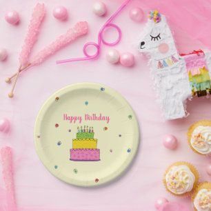 Verjaardagsfeest met Kleurrijke Taart & Confetti Papieren Bordje