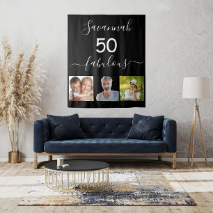 Verjaardagsfeest met persoonlijke foto zwart wandkleed