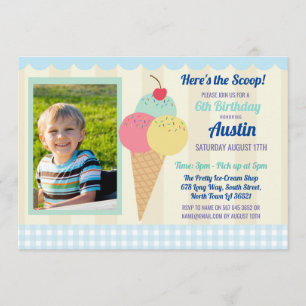 Verjaardagsfeest Nodig Ice Cream Boy's Foto Blauw Kaart