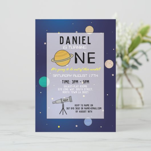 Verjaardagsfeest Nodig Space Galaxy Planets 1e uit Kaart (Staand voorkant)