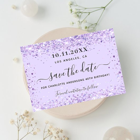 Verjaardagsfeest paarse glitters save the date