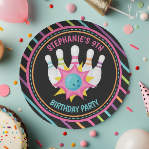 Verjaardagsfeest Rainbow Neon Bowling Papieren Bordje
