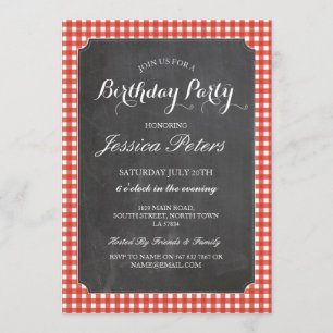 Verjaardagsfeest Red Check Rustic Chalk Invitation Kaart