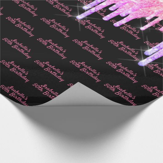 Verjaardagsfeest regenboog roze glitters zwart gli cadeaupapier (Hoek)
