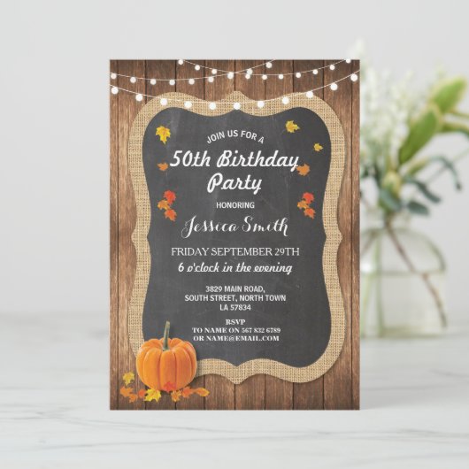 Verjaardagsfeest Roestig Hout Pompoen Krijt Uitnod Kaart (Staand voorkant)