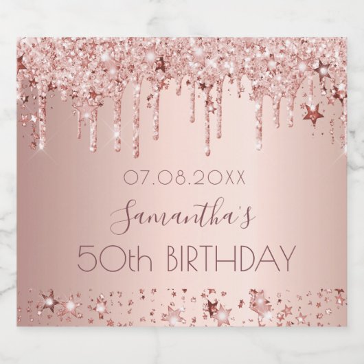 Verjaardagsfeest roos gouden roze druppels sterren sparkling wijnetiket (Enkel label)