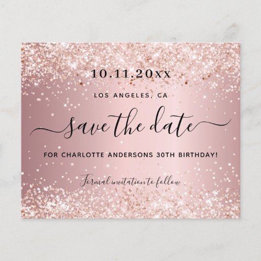 Verjaardagsfeest roze budget save the date flyer (Voorkant)