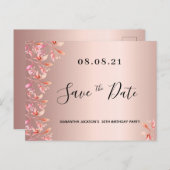Verjaardagsfeest roze goud roze bloem save the dat briefkaart (Voorkant / Achterkant)