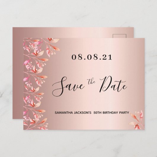 Verjaardagsfeest roze goud roze bloem save the dat briefkaart (Voorkant / Achterkant)
